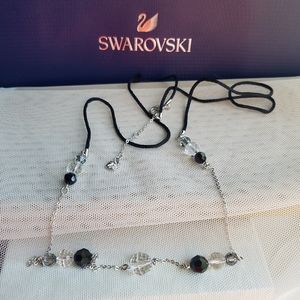 AUTHENTIC Swarovski Long Black Cotton Cord Layering Crystal Necklace